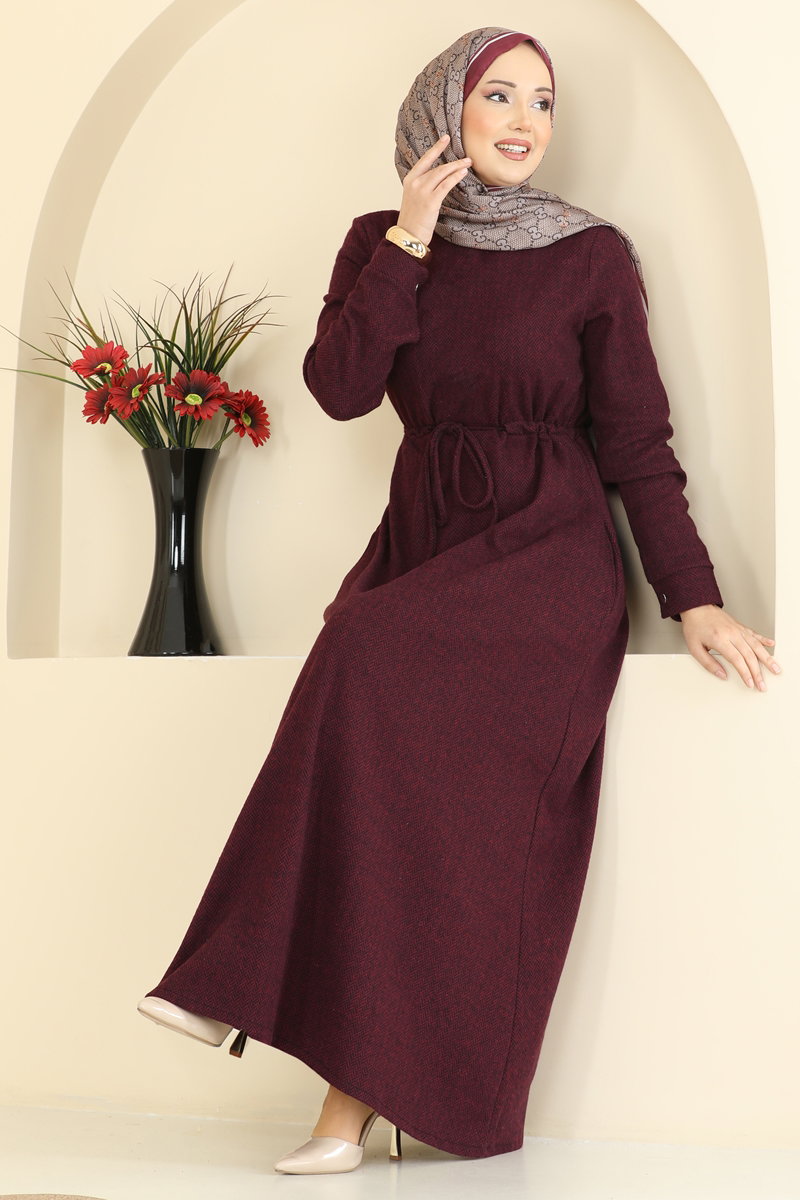 Beli Tünelli Balıksırtı Elbise 24090UKBK1160 Bordo