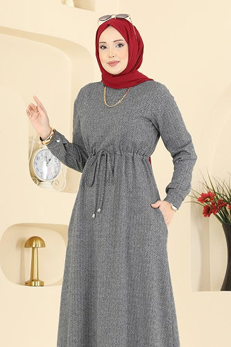 moda selvim Beli Tünelli Balıksırtı Elbise 24090UKBK1160 Gri - Thumbnail