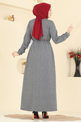 moda selvim Beli Tünelli Balıksırtı Elbise 24090UKBK1160 Gri - Thumbnail