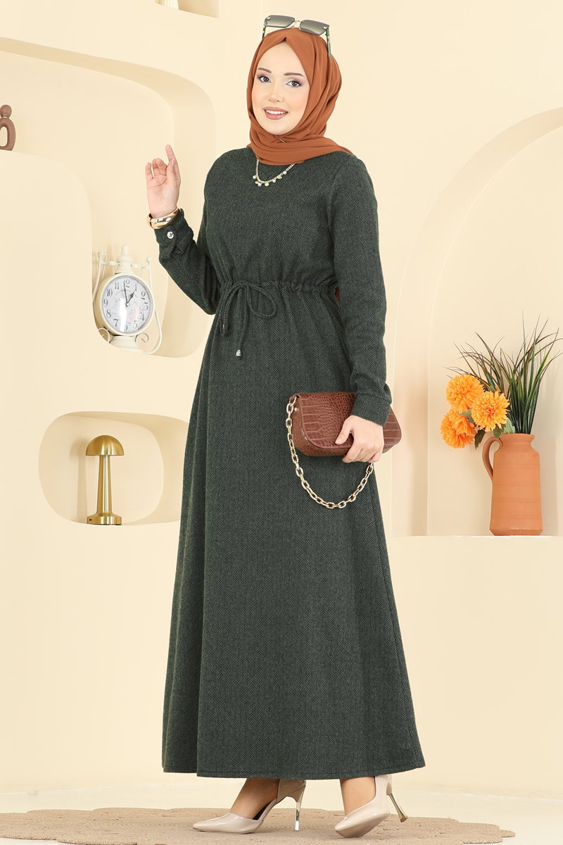 Beli Tünelli Balıksırtı Elbise 24090UKBK1160 Haki