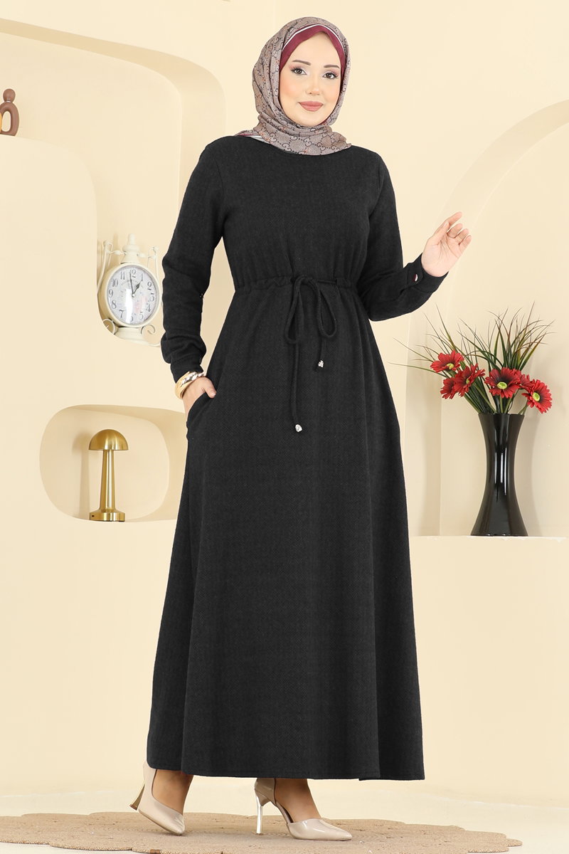 Beli Tünelli Balıksırtı Elbise 24090UKBK1160 Siyah