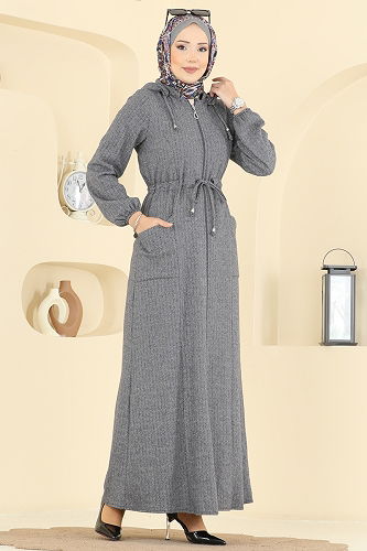 moda selvim Beli Tünelli Balıksırtı Ferace 24011UKB139 Gri - Thumbnail