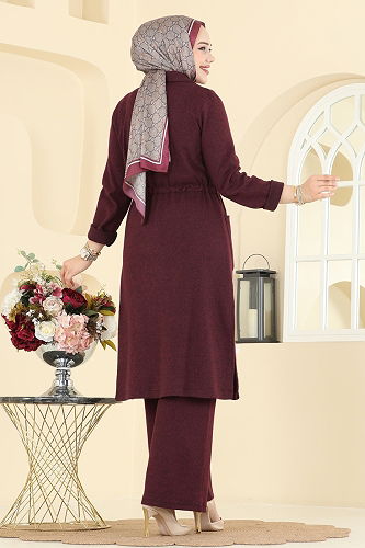 moda selvim Beli Tünelli Balıksırtı Takım 24081UKBK1160 Bordo - Thumbnail