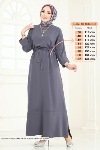 moda selvim Beli Tünelli Basic Elbise 2250BLU797 Antrasit - Thumbnail
