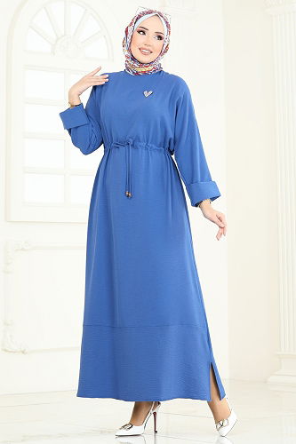 moda selvim Beli Tünelli Basic Elbise 2250BLU797 İndigo - Thumbnail
