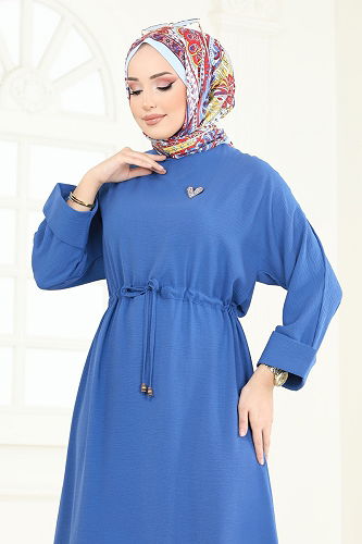 moda selvim Beli Tünelli Basic Elbise 2250BLU797 İndigo - Thumbnail