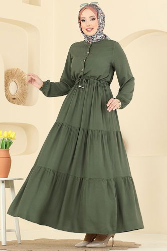 moda selvim Beli Tünelli Belmando Elbise 7138BG354 Haki - Thumbnail