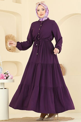 moda selvim Beli Tünelli Belmando Elbise 7138BG354 Mürdüm - Thumbnail