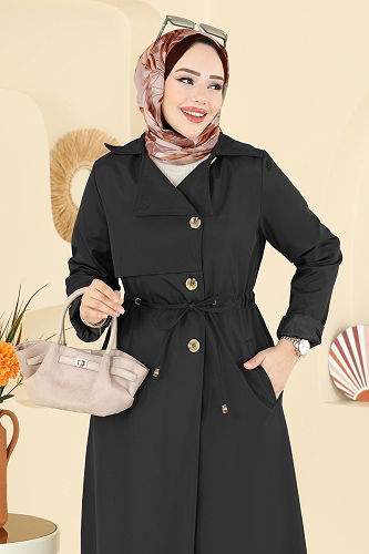 moda selvim Beli Tünelli Bondit Trençkot 6223ANT466 Siyah - Thumbnail