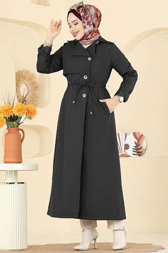 moda selvim Beli Tünelli Bondit Trençkot 6223ANT466 Siyah - Thumbnail