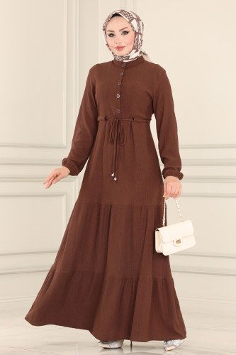 moda selvim Beli Tünelli Bürümcük Elbise 1004MRT754 Kahve - Thumbnail