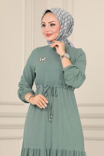 moda selvim Beli Tünelli Bürümcük Elbise 101MRT754 Mint - Thumbnail