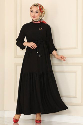 moda selvim Beli Tünelli Bürümcük Elbise 101MRT754 Siyah - Thumbnail