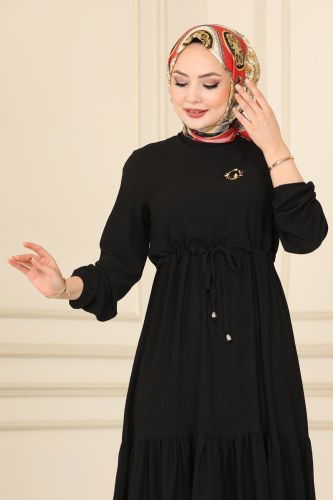 moda selvim Beli Tünelli Bürümcük Elbise 101MRT754 Siyah - Thumbnail