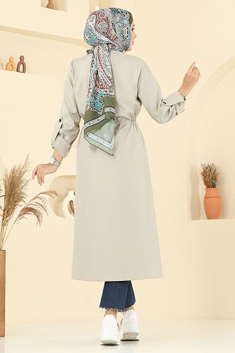 moda selvim Beli Tünelli Cepli Trençkot 2512MSA980 Taş - Thumbnail