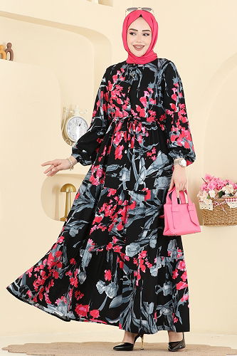 moda selvim Beli Tünelli Çiçekli Elbise 7156ERK1158 Fuşya&Siyah - Thumbnail