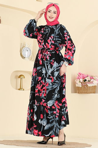 moda selvim Beli Tünelli Çiçekli Elbise 7156ERK1158 Fuşya&Siyah - Thumbnail