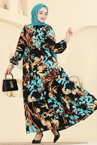 moda selvim Beli Tünelli Çiçekli Elbise 7156ERK1158 Gold&Siyah - Thumbnail