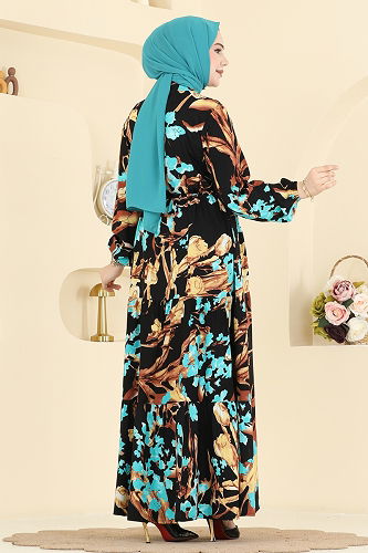 moda selvim Beli Tünelli Çiçekli Elbise 7156ERK1158 Gold&Siyah - Thumbnail