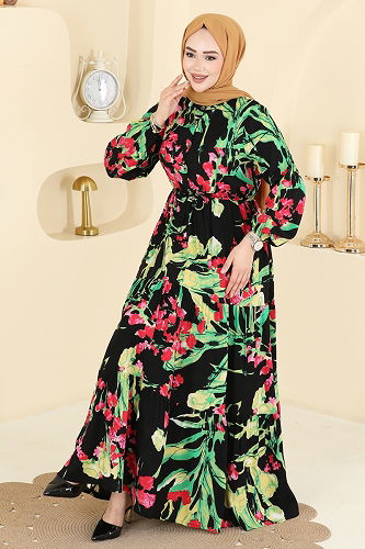 moda selvim Beli Tünelli Çiçekli Elbise 7156ERK1158 Yeşil&Siyah - Thumbnail