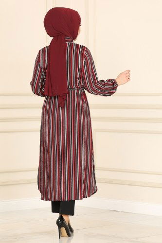moda selvim Beli Tünelli Çizgili Tunik 1014MRT754 Bordo - Thumbnail