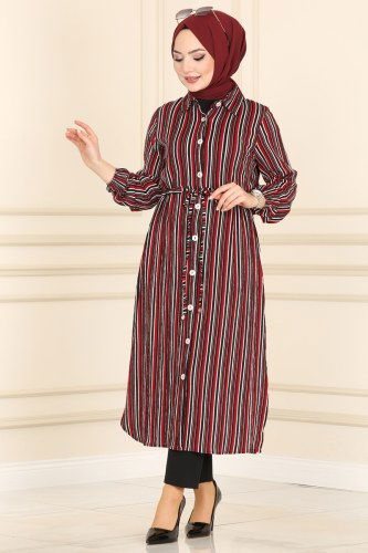 moda selvim Beli Tünelli Çizgili Tunik 1014MRT754 Bordo - Thumbnail
