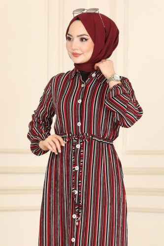 moda selvim Beli Tünelli Çizgili Tunik 1014MRT754 Bordo - Thumbnail