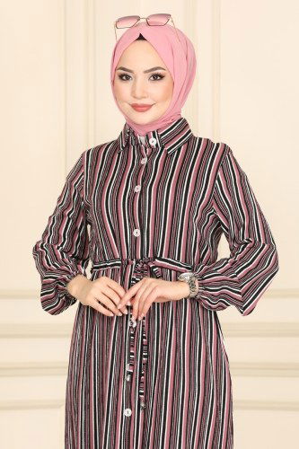 moda selvim Beli Tünelli Çizgili Tunik 1014MRT754 Gül Kurusu - Thumbnail