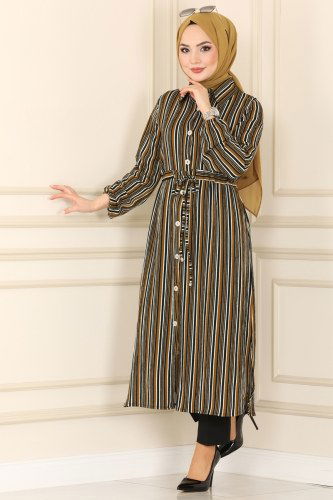 moda selvim Beli Tünelli Çizgili Tunik 1014MRT754 Yağ Yeşili - Thumbnail