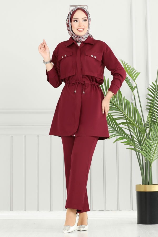 Modaselvim Kombin Beli Tünelli Dabıl Takım 23025UKB139 Bordo