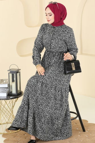 K.T.R. - Beli Tünelli Desenli Elbise 3064KTR750 Gri