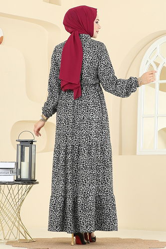 moda selvim Beli Tünelli Desenli Elbise 3064KTR750 Gri - Thumbnail