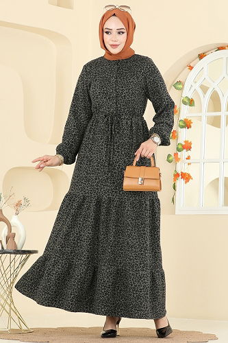 moda selvim Beli Tünelli Desenli Elbise 3064KTR750 Haki - Thumbnail