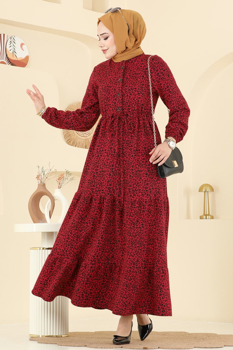 Beli Tünelli Desenli Elbise 3064KTR750 Kırmızı