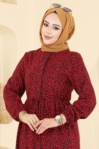 moda selvim Beli Tünelli Desenli Elbise 3064KTR750 Kırmızı - Thumbnail