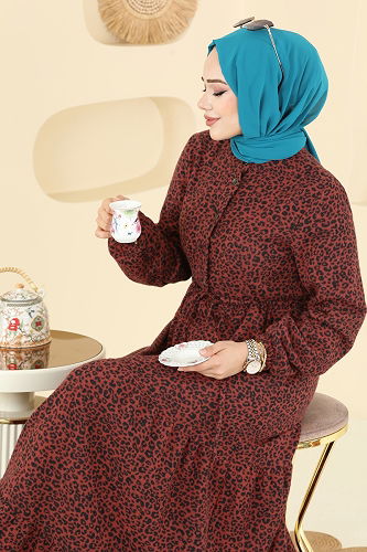 moda selvim Beli Tünelli Desenli Elbise 3064KTR750 Taba - Thumbnail