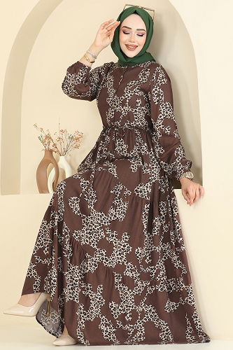 moda selvim Beli Tünelli Desenli Elbise 7135ERK1158 Kahve - Thumbnail