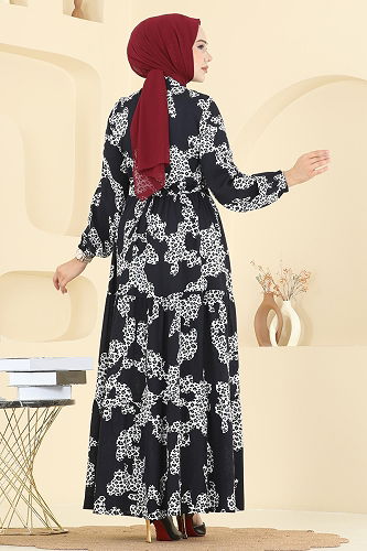 moda selvim Beli Tünelli Desenli Elbise 7135ERK1158 Laci - Thumbnail