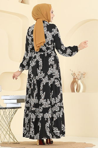moda selvim Beli Tünelli Desenli Elbise 7135ERK1158 Siyah - Thumbnail
