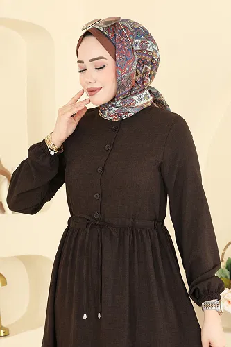 moda selvim Beli Tünelli Düğmeli Elbise 3083KTR750 Acı Kahve - Thumbnail