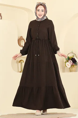 moda selvim Beli Tünelli Düğmeli Elbise 3083KTR750 Acı Kahve - Thumbnail