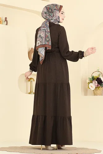 moda selvim Beli Tünelli Düğmeli Elbise 3083KTR750 Acı Kahve - Thumbnail