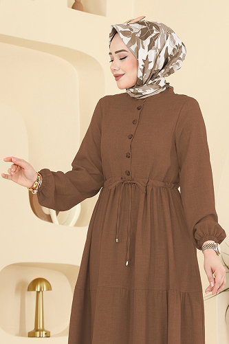 moda selvim Beli Tünelli Düğmeli Elbise 3083KTR750 Açık Kahve - Thumbnail