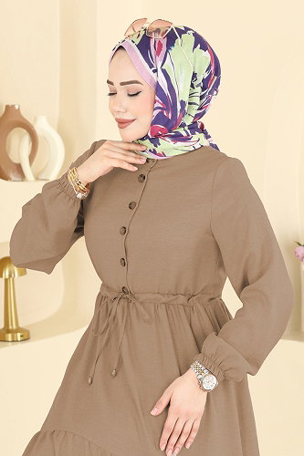 moda selvim Beli Tünelli Düğmeli Elbise 3083KTR750 Açık Vizyon - Thumbnail