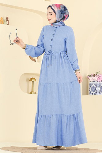 moda selvim Beli Tünelli Düğmeli Elbise 3083KTR750 Bebe Mavisi - Thumbnail