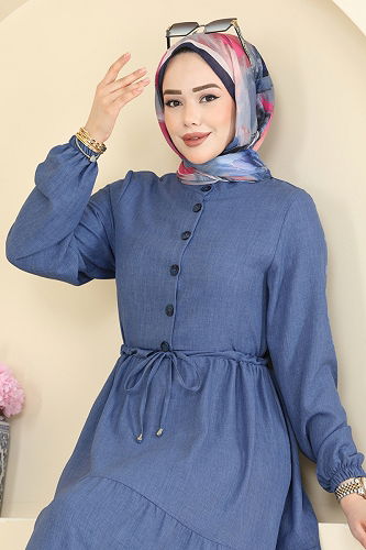 moda selvim Beli Tünelli Düğmeli Elbise 3083KTR750 İndigo - Thumbnail