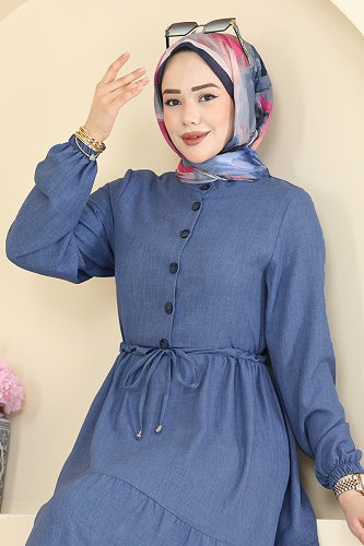 moda selvim Beli Tünelli Düğmeli Elbise 3083KTR750 İndigo - Thumbnail