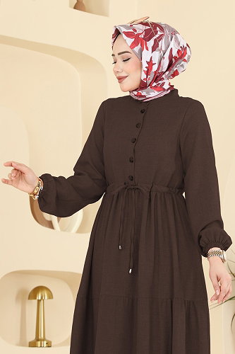 moda selvim Beli Tünelli Düğmeli Elbise 3083KTR750 Kahve - Thumbnail