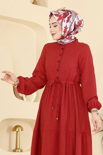 moda selvim Beli Tünelli Düğmeli Elbise 3083KTR750 Kırmızı - Thumbnail