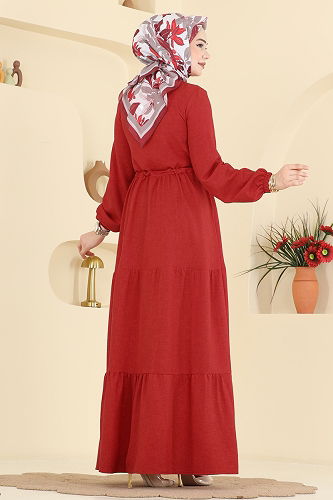 moda selvim Beli Tünelli Düğmeli Elbise 3083KTR750 Kırmızı - Thumbnail